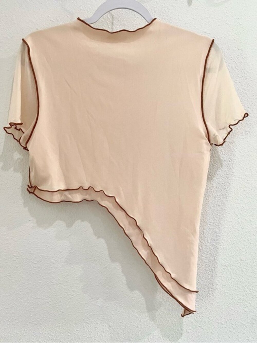 ZYA Mesh Asymmetrical Y2K Top Short Sleeve Neutral Scallop Hem - Picture 5 of 5